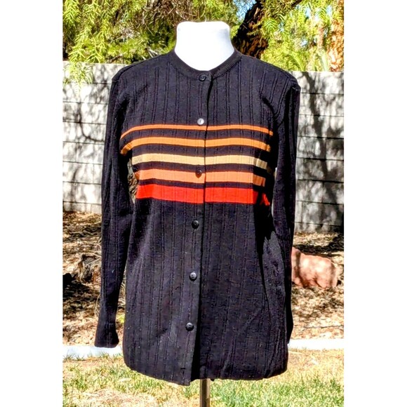 VTG Adolfo Striped Lamb's Wool/Acrylic Cardigan Sweater w/Pockets Button-Up EUC - Picture 1 of 6